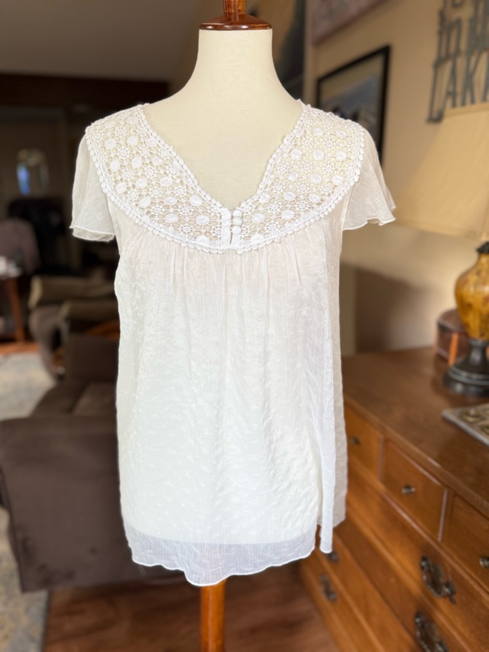Dress Barn White Crochet Yoke Peasant Top - Picture 2 of 4